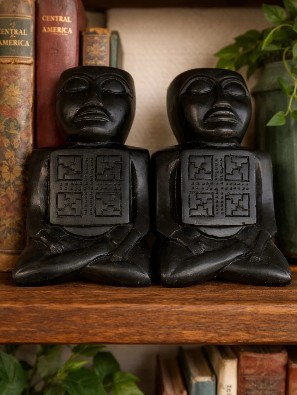Vintage Mayan Figural Bookends Ebony Wood Hand Carved Black Sculptural Decor